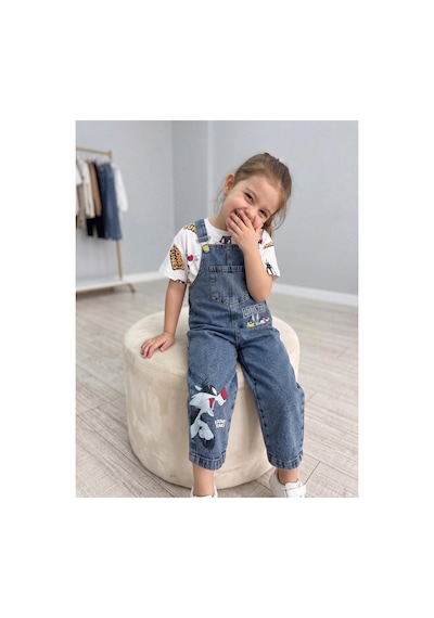 Nota Kids Baskılı Çocuk Kot Salopet Trend 2 Parça Kombin 3-6 Yaş Çok Renkli