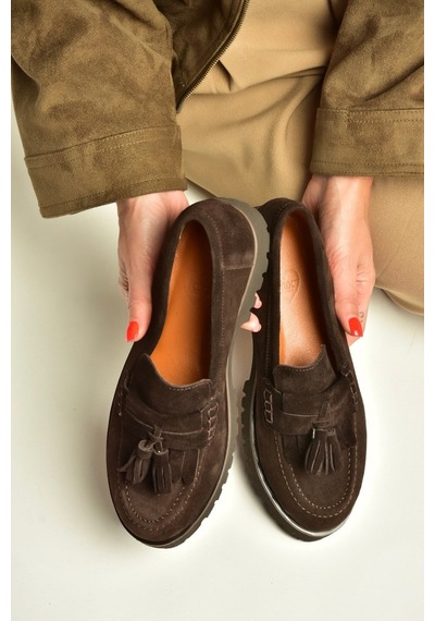 Fox Shoes Z944014461 Kahverengi Süet Kalın Tabanlı Püsküllü Loafer Ayakkabı