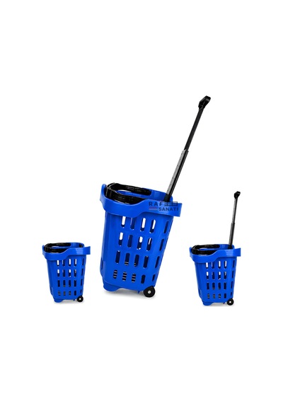 5 Adet - 43 Lt Tekerlekli Market Sepeti Plastik Alışveriş Sepeti Ergonomik Çift Saplı Mavi