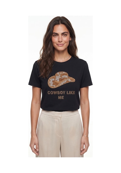 Onloox Kadın Siyah Siyah Pamuklu Bisiklet Yaka Rahat Kesim Kovboy Şapka Nakışlı Boncuk İşlemeli Tişört T-shirt Onloox Kadın Siyah Siyah Pamuklu Bisiklet Yaka Rahat Kesim Kovboy Şapka Nakışlı Boncuk İşlemeli Tişört T-shirt