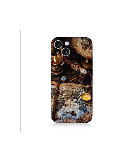 Apple Uyumlu iPhone 15 Harita Ve Pusula Desenli Silikon Kılıf Silikon