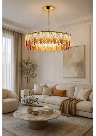 Modern Premıum Kuş Tüyü Gold Sarkıt Avize 3 Renk Led Salon Yemek Odası Avizesi 94w Beyaz