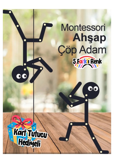 2 Adet Çöp Adam 1 Adet 30lu Görev Kartı Montessori Ahşap Eğitici