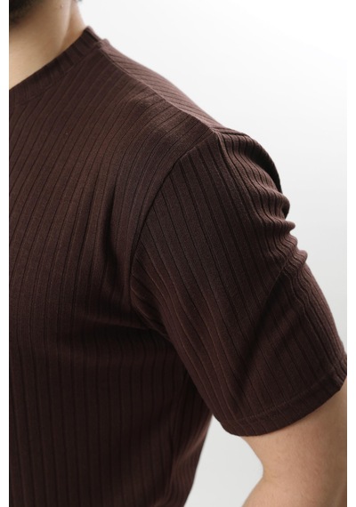 Madmext Kahverengi Dokulu Çizgi Tasarım Bisiklet Yaka Erkek T-shirt E7122 Kahverengi