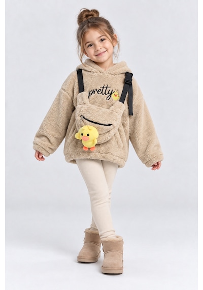 Ahengim Kız Çocuk Peluş Kapüşonlu Sweatshirt Pretty Nakışlı Oyuncak Aksesuarlı Çantalı Kışlık Üst Ak4130 KREM