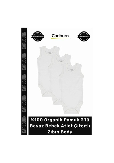 Carlburn Zıbın Yumuşak Unisex Kaliteli 100 Organik Pamuk 3'lü Beyaz Bebek Atlet Çıtçıtlı Zıbın Body