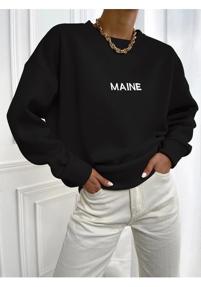 Startmore Kadın Maın Baskılı Oversize Bisiklet Yaka Sweatshirt Siyah Siyah