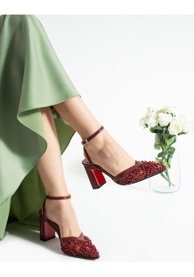 Elvı Kadın Taşlı Bej Topuklu Ayakkabı 9 Cm Bordo