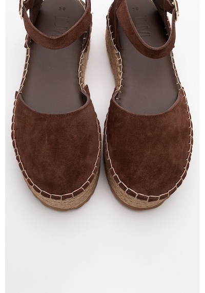 Luvishoes Viba Kahve Süet Hakiki Deri Kadın Hasır Dolgu Taban Sandalet Kahverengi
