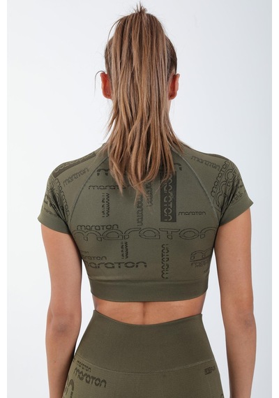 Maraton Active Slimfit Kadın Bisiklet Yaka Kısa Kol Koşu Haki Crop Top 811037 Haki