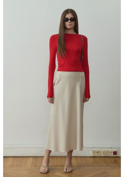 Suud Collection Bej Leda Beli Lastikli Midi Etek