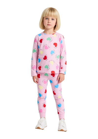 Ersefa Kız Çocuk Pamuk Polyester Örme Kalp Baskılı Pijama Takımı Kalitel Pembe