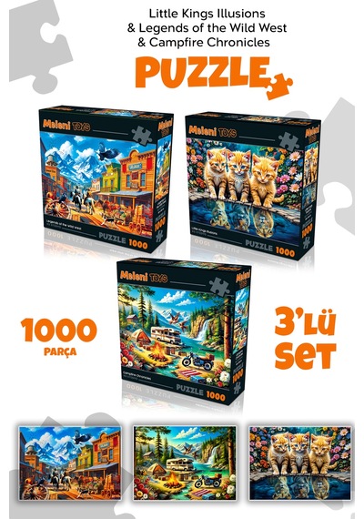 3 Adet 1000 Parça Puzzle - Kamp Ateşi, Aslan Kral Kedi Ve Vahşi Batı Kasabası Yapboz 68x48 Cm