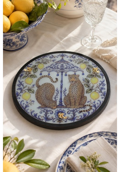 Leopar Desenli Dekoratif Sunum Tepsisi Sicilya Temalı Limon Desenli 34 Cm