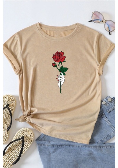 Unisex Rose Baskılı T-shirt Bej
