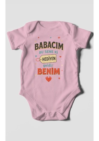 Babacım Bu Sene Ki Hediyen Geldi Benim Baskılı Bebek Zıbını Çıtçıtlı Body %100 Pamuk Kısa Kol Koyu Pembe