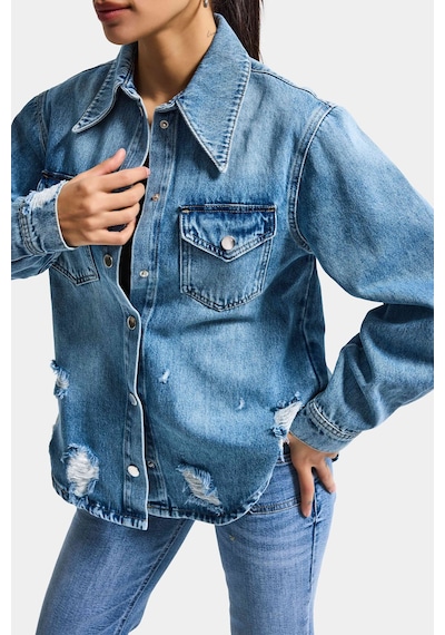it's basic Kadın Mavi 12s6-4 Yırtık Detaylı Denim Gömlek