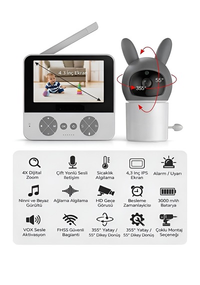 4.3 Kablosuz Ip Bebek Kamerası 720p Monitörlü 150m Menzil 2.4ghz İnterkom Hareket Algılayıcı