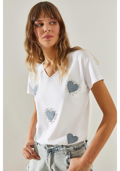 Shade Kadın V Yaka Yaka Kot Kalp Detaylı Taşlı T-shirt 60251412 - Beyaz