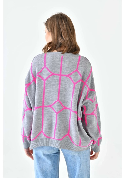 Park Karon Kadın Bisiklet Yaka Desenli Oversize Triko Kazak 224403 Gri