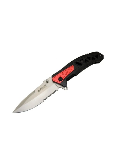4192 Kırmızı Kamp Çakı 21cm - Yarı Otomatik, Kemerlikli, Testere Detaylı, Desenli Sap Asorti