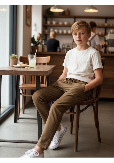 Zekids Erkek Çocuk Esnek Kumaş Beli Lastikli Pantolon-16399 Bej