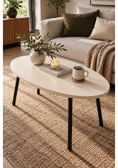 Sulorahome Metal Ayaklı Oval Orta Sehpa Krem