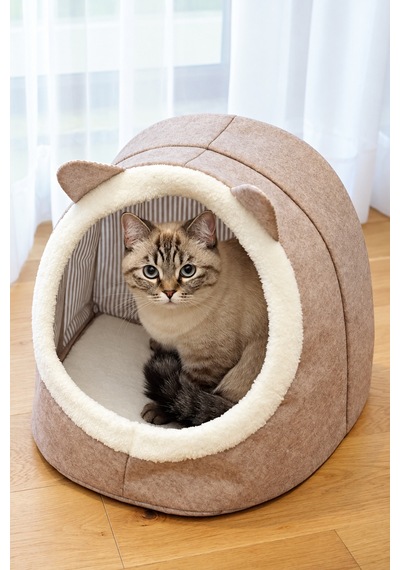 Kapalı Keçe Kedi Evi Ve Küçük Köpek Yatağı, Kulaklı Yuvalı Tasarım, Bej 40 34 35 Cm - 934271796