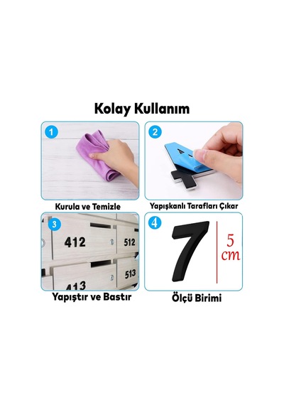 Lexroo Yapışkanlı Kapı Numarası Küçük Boy 50 Mm 5 Cm Numara 7 Rakam Yedi Sayı Siyah Renk Numaralar Standart
