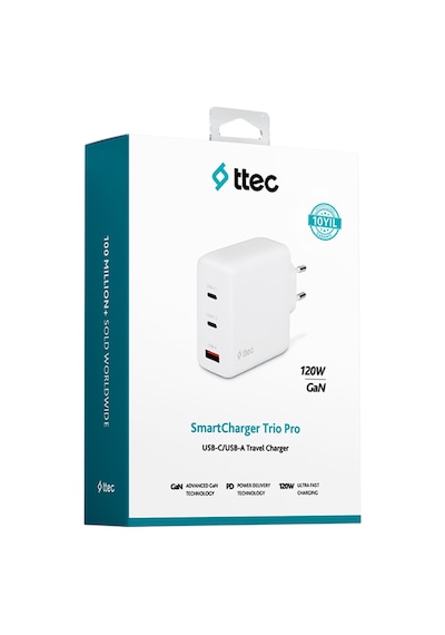 Ttec Smartcharger Trio Gan 120W PD Seyahat Hızlı Şarj Aleti  2 USB-C+USB-A