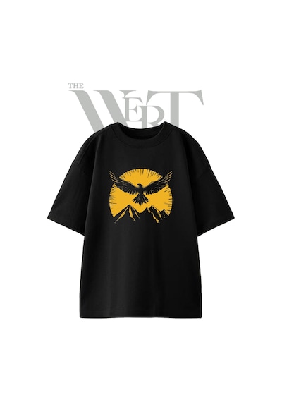 Thewert Eagle Mountains Tasarım Baskılı Ünisex Siyah Oversize T-shirt