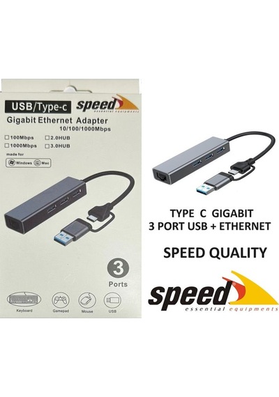 Speed Sp Uet01 10/100/1000mbps Usb / Type-c 3 Port Usb 3.0 Çoklay