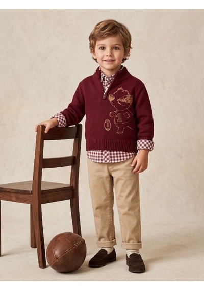 Zekids Erkek Çocuk Bordo Ayıcık Nakışlı Triko Kazak Gömlek Ve Pantolon Takım-17439
