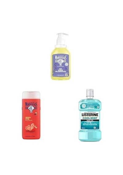 Le Petit Marseillais El Yıkama Jeli Saf Sabun & Lavanta 300 Ml + Duş Jeli Organik Akdeniz Çileği Le Petit Marseillais 400 Ml + Listerine Cool Mint Ağız Bakım Ürünü Hafif Tat, 500 Ml