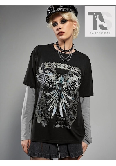 Startmore Grunge Punk Harf Grafik Tişört Siyah