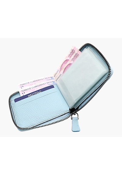 Westpolo Hakiki Deri Unisex Fermuarlı Cüzdan Kartlık - Buz Mavisi Buz Mavisi