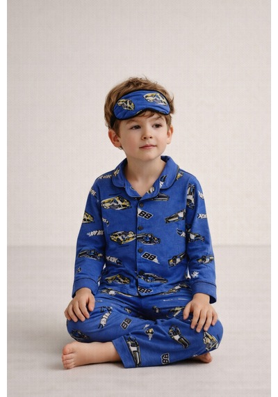 Beka Kids Desenli Uzun Kollu Önden Düğmeli Gömlek Yaka Erkek Çocuk Pijama Takımı Ve Göz Bandı Mavi