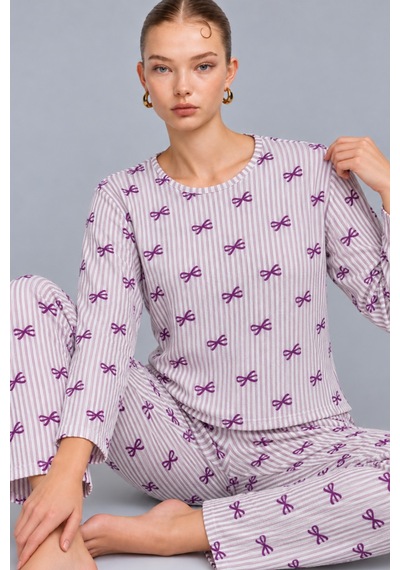 Kadın Çizgili Rahat Desenli İkili Mor Pijama Takımı 4809