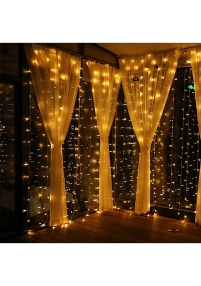 3x2 Metre Perde Led Animasyonlu 12 Saçaklı 240 Ledli Fişli 8 Fonksiyonlu Sarı