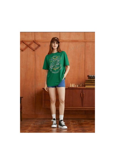 Magors Stıl-x Harry Potter Hogwarts Baskılı Bisiklet Yaka, %100 Pamuklu, Oversıze Tshırt Yeşil Magors Stıl-x Harry Potter Hogwarts Baskılı Bisiklet Yaka, %100 Pamuklu, Oversıze Tshırt Yeşil