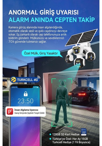 5 Kameralı 4g/e-sım Destekli 18x Zoom Ptz Güneş Enerjili Profesyonel Dış Mekân Güvenlik Kamerası