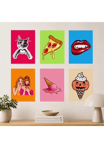 Eğlenceli İllüstrasyon Dönem Kombini 6'lı Poster Seti - 15x21 Çerçevesiz Mutfak Ve Genç Odası Duvar Sanatı