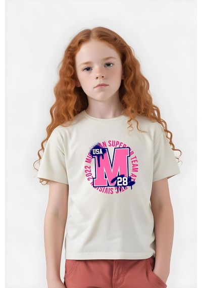 Panios Kids M 28 Baskılı Kız Çocuk Kısa Kollu T-shirt Krem