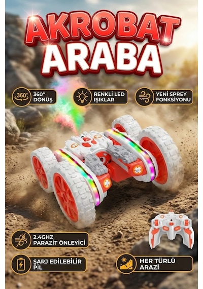 Uzaktan Kumandalı Işıklı Akrobat Araba 360 Derece Takla Atan Duman Püskürten Şarjlı Oyuncak Araba Turuncu Beyaz