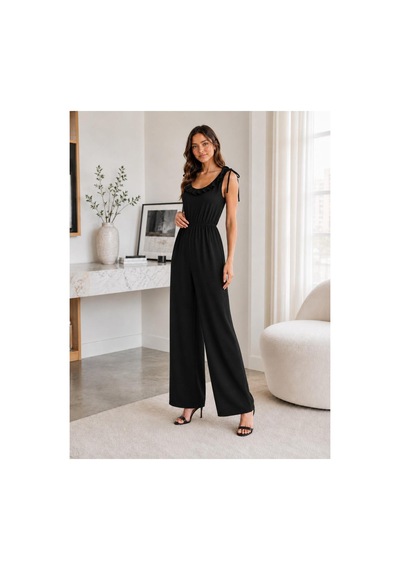 Unika Boutique Kadın Bürümcük Askılı Fırfırlı Bol Paça Tulum Siyah