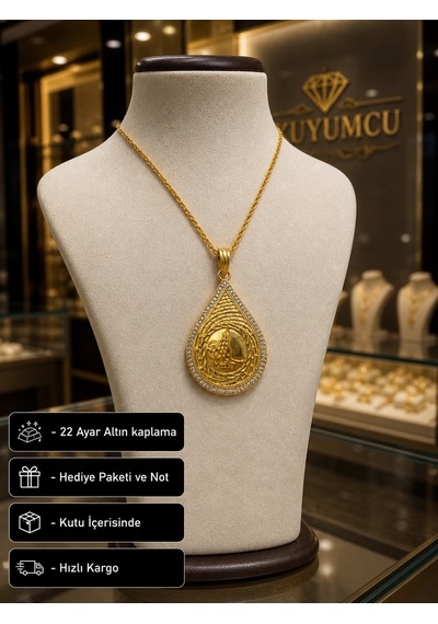 22 Ayar Altın Kaplama Osmanlı Tuğra Desenli Taşlı Damla Kolye Hediye Çok renkli 30217467