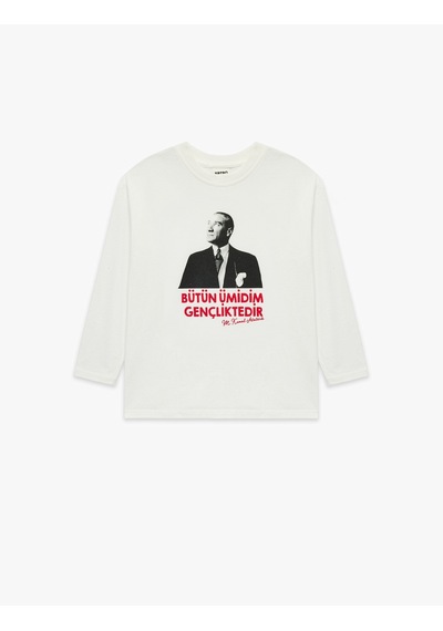 Koton Atatürk Baskılı Pamuklu Bisiklet Yaka Uzun Kollu Tişört Ekru 7wmb10179tk