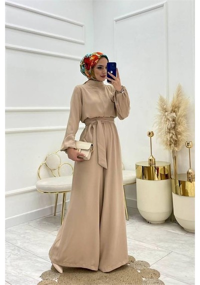 Neşeli Butik Kadın Bej Kuşaklı Gül Detaylı Salaş Tulum Nms003 Bej