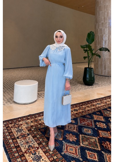 Riella Butik Dantel Yakalı Zarif Tesettür Elbise Mavi