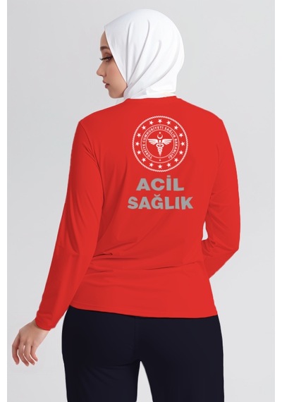 Kırmızı 112 Acil Sağlık Bisiklet Yaka Uzun Kollu Tişört Unisex